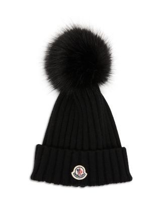 Moncler Wool Beanie with Faux Fur Pom Pom