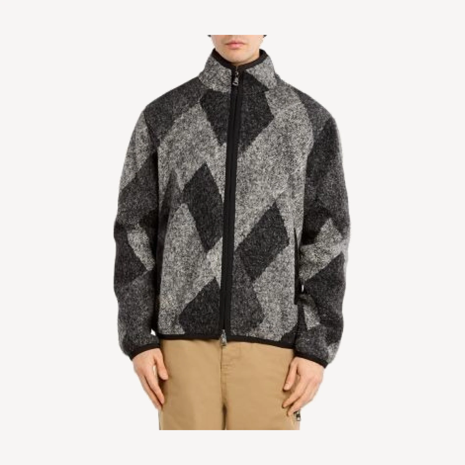 Moncler Diamond Pattern Wool Blend Zip Up Cardigan