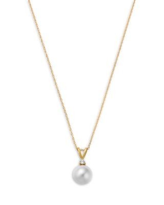 Bloomingdale's Fine Collection Lab Grown Diamond & Cultured Freshwater Pearl Pendant Necklace in 14K Yellow Gold, 0.05 tcw