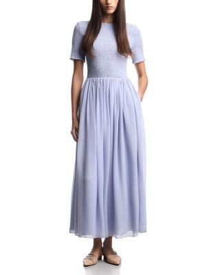 Emporio Armani Techno Georgette Smocked Bodice Midi Dress