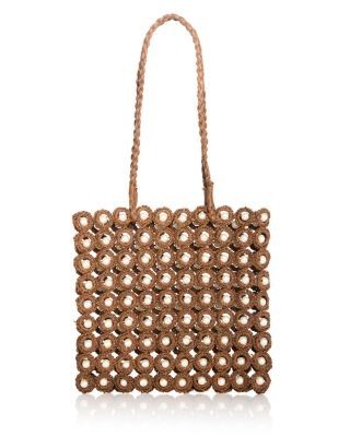 Aqua Imitation Pearl & Crochet Straw Tote