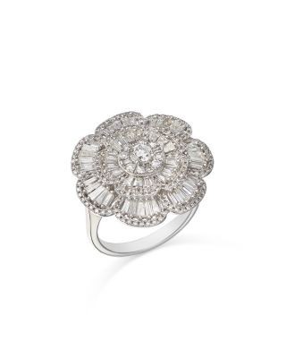 Bloomingdale's Fine Collection Diamond Round & Baguette Flower Ring in 14K White Gold, 1.50 tcw