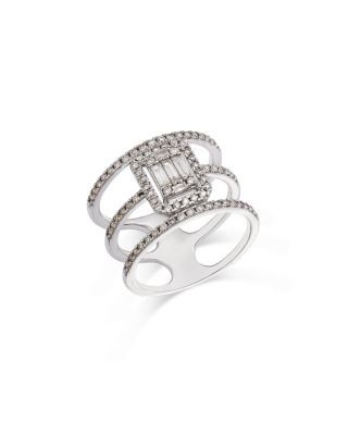 Bloomingdale's Fine Collection Diamond Round & Baguette Triple Row Ring in 14K White Gold, 0.75 tcw