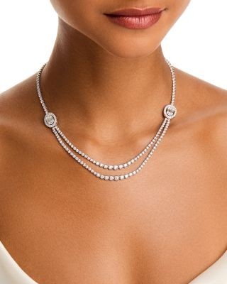 Bloomingdale's Fine Collection Diamond Round & Baguette Halo Mosaic Double Row Tennis Necklace in 14K White Gold, 7.50 tcw