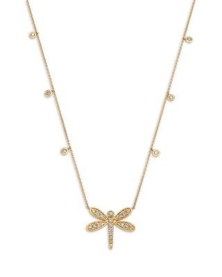 Bloomingdale's Fine Collection Diamond Droplet & Dragonfly Pendant Necklace in 14K Yellow Gold, 0.50 tcw