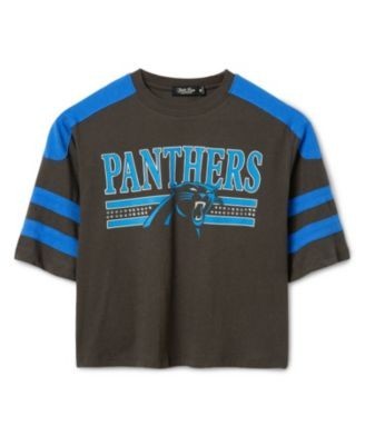 Junk Food Clothing Women's Carolina Panthers Striped Bling Crop Tee