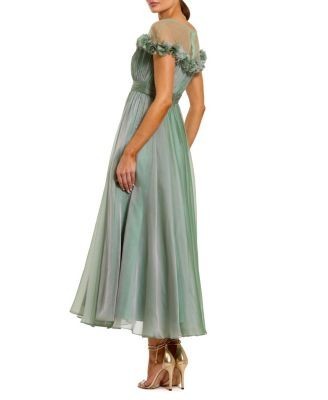 Mac Duggal Chiffon Illusion Neck Midi Dress with 3D Flowers