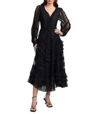 Mac Duggal Long Sleeve V Neck Mesh Micro Ruffle Midi Dress