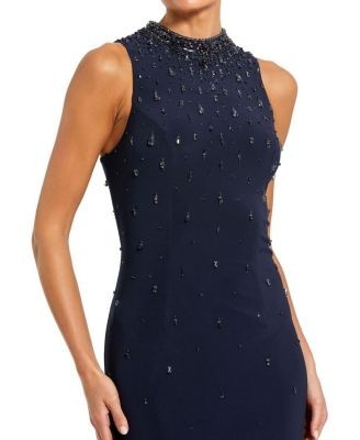 Mac Duggal High Neck Sleeveless Beaded Jersey Fitted Gown