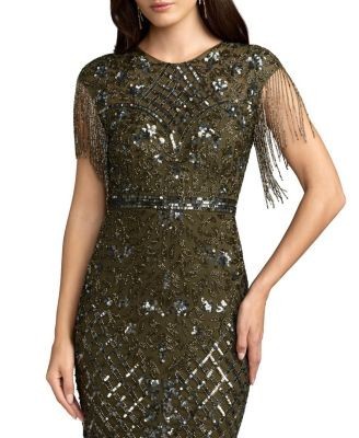 Mac Duggal Petite Beaded Fringe High-Neck Fitted Evening Gown