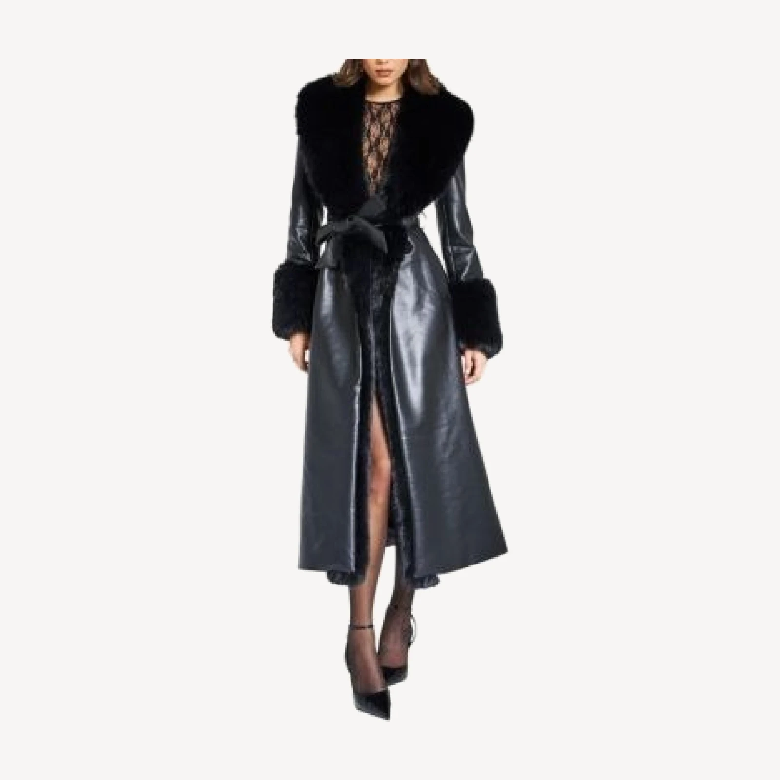Miss Circle Zaida Faux Fur Trim Faux Leather Coat
