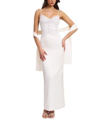 Miss Circle Karmen Faux Pearl Top Pencil Slip Gown with Scarf