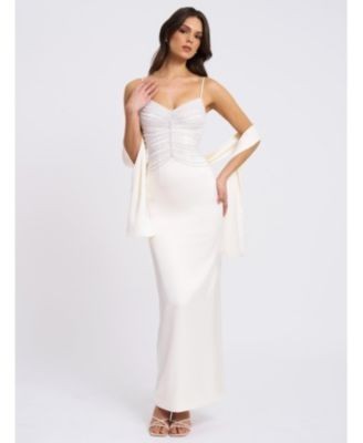 Miss Circle Karmen Faux Pearl Top Pencil Slip Gown with Scarf