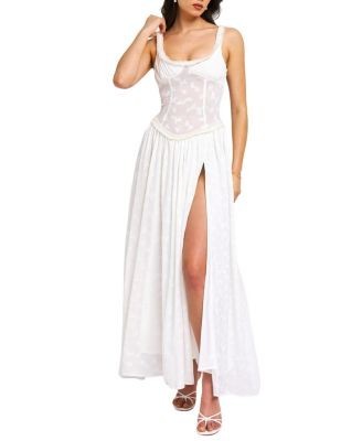 Miss Circle Ulissa High Slit Square Neck Jacquard Maxi Dress