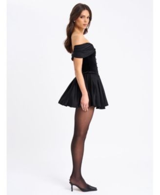 Miss Circle Echo Velvet Off Shoulder Pleated Mini Dress