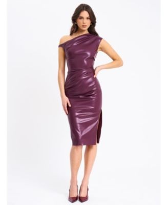 Miss Circle Sabina Faux Leather Slash Neck Midi Dress