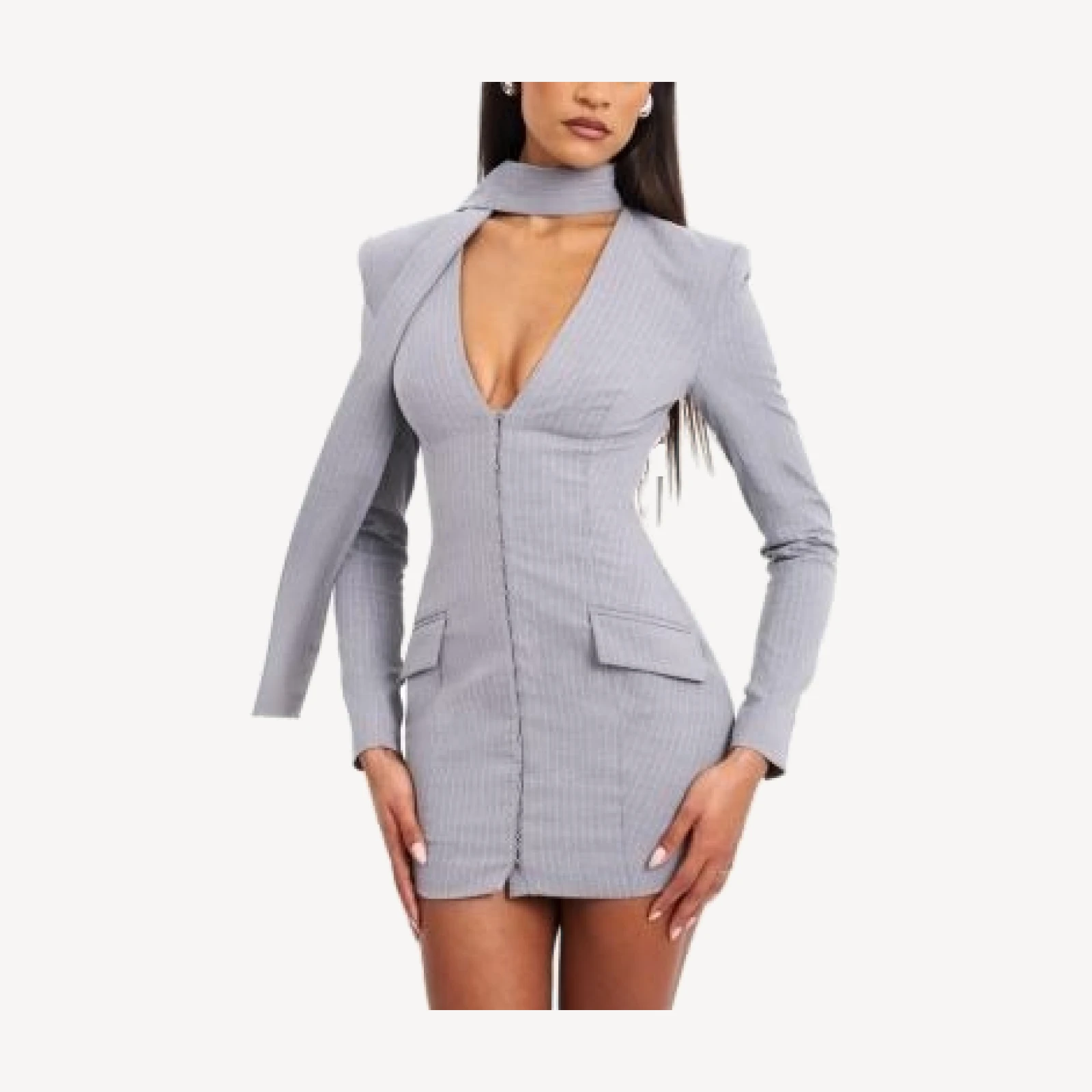 Miss Circle Tahlia Woven Crepe Deep V Pinstripes Blazer Dress
