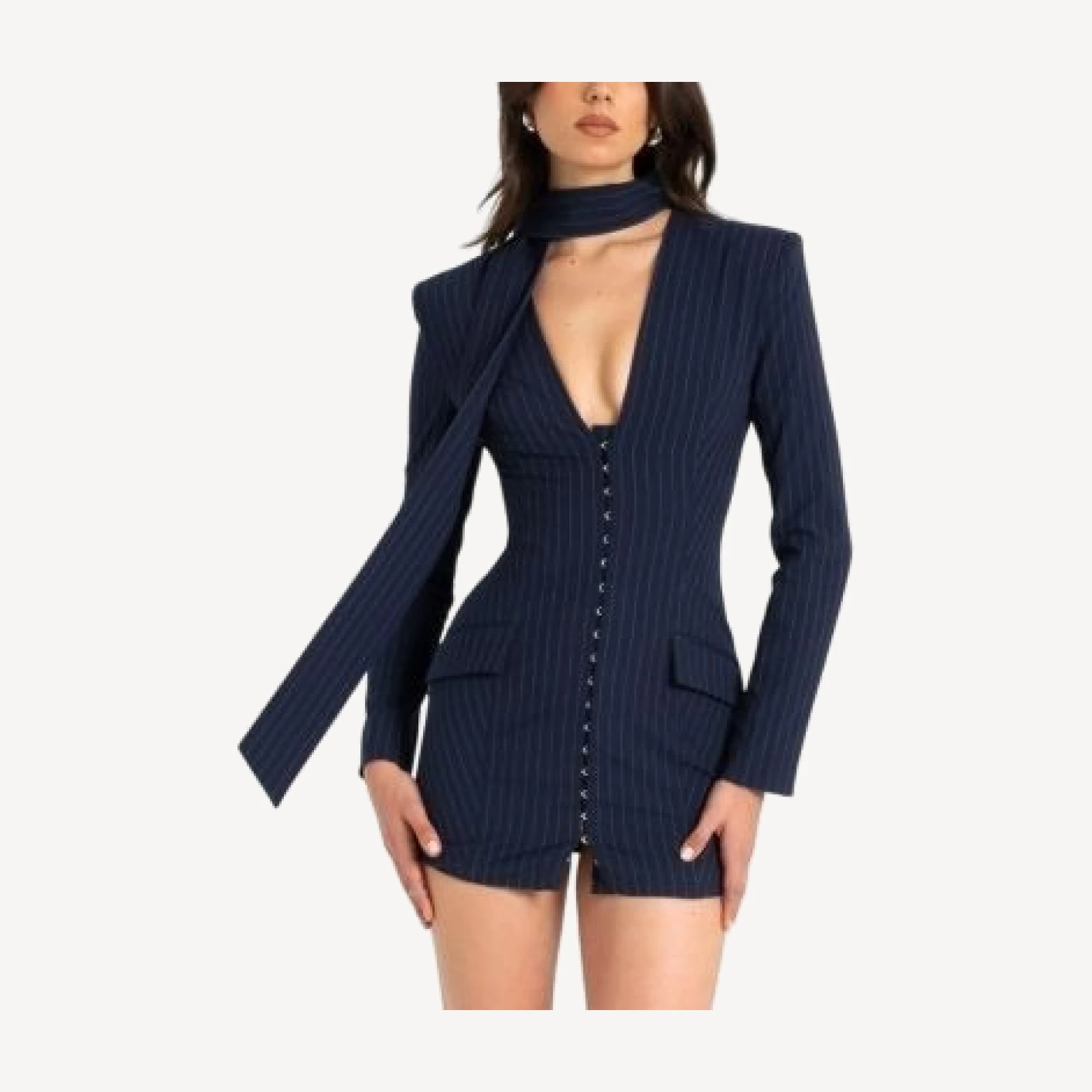 Miss Circle Tahlia Deep V Pinstripes Scarf Collar Blazer Dress