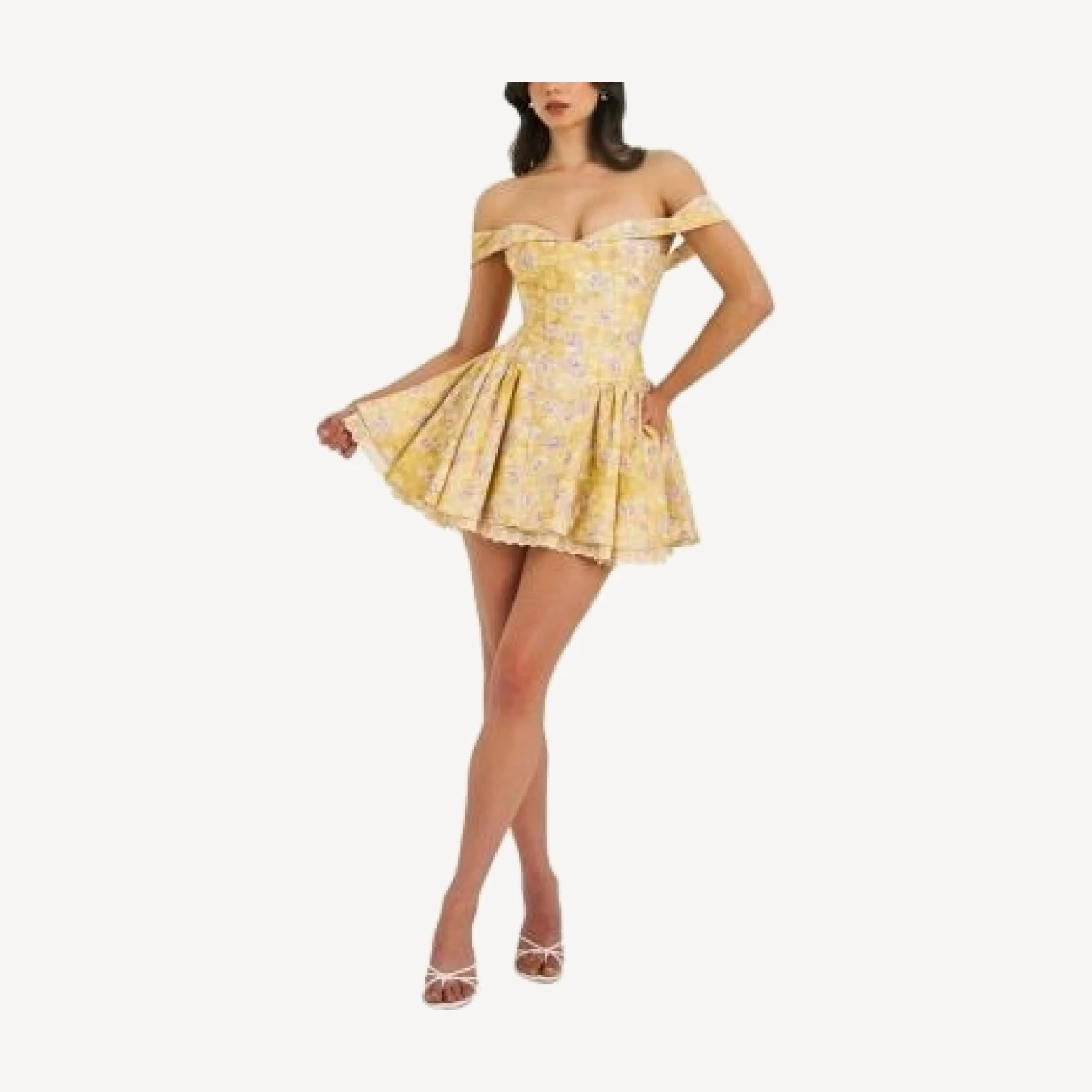 Miss Circle Oana Floral Print Linen Collared Off Shoulder Mini Dress