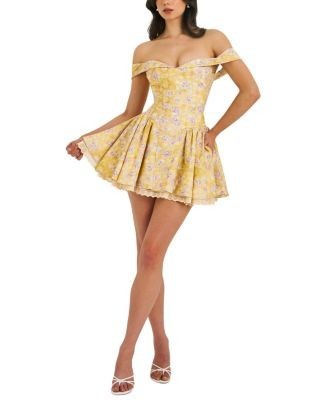 Miss Circle Oana Floral Print Linen Collared Off Shoulder Mini Dress