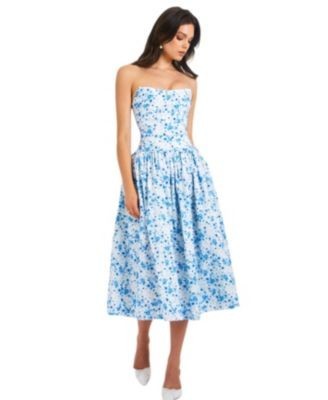 Miss Circle Paloma Print Linen Corset Draping Top Midi Dress