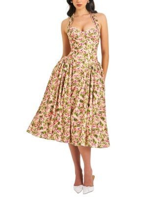 Miss Circle Niya Floral Print Linen Halter Corset Maxi Dress