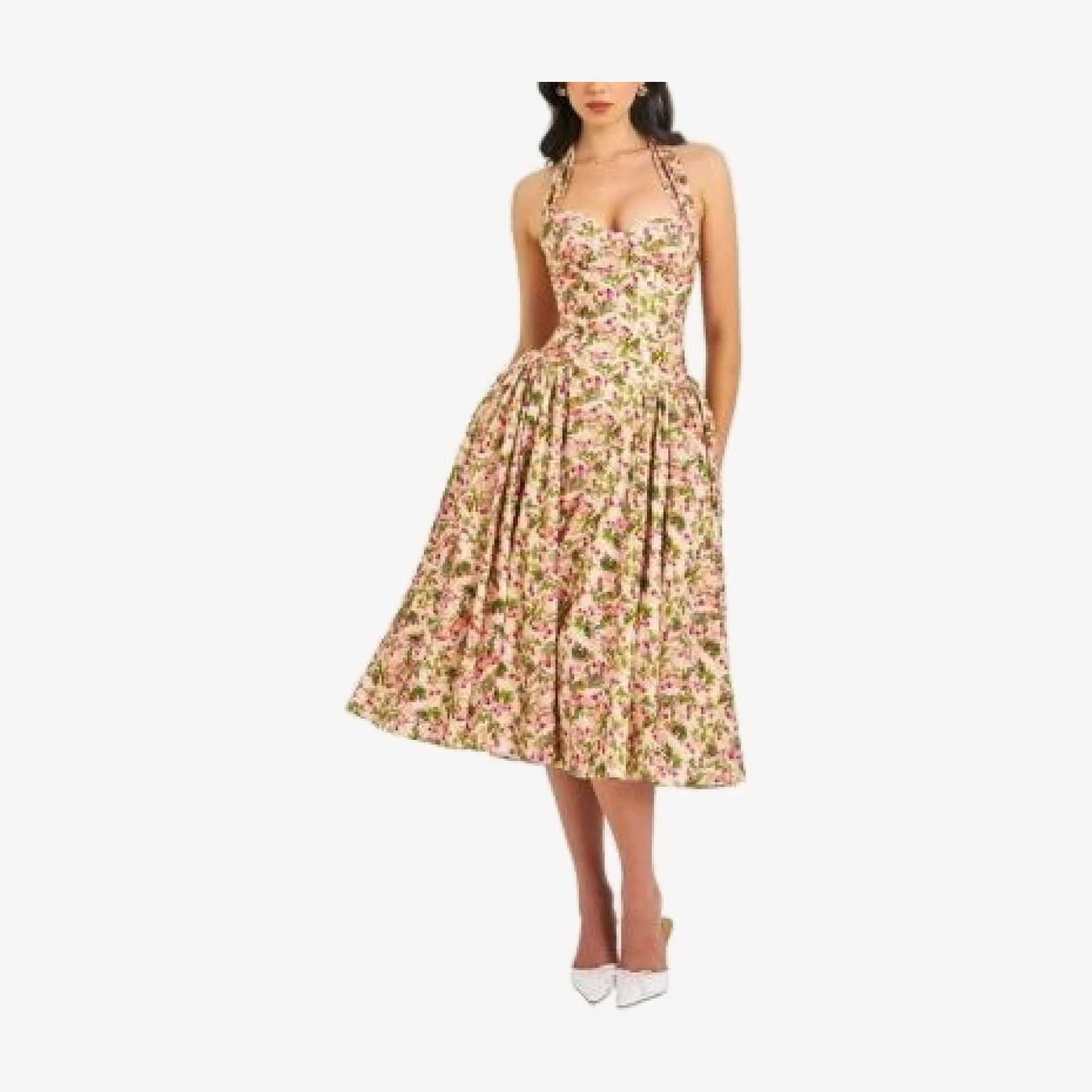 Miss Circle Niya Floral Print Linen Halter Corset Maxi Dress