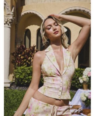 Miss Circle Lauren Floral Print Ruched Back Linen Suit Vest