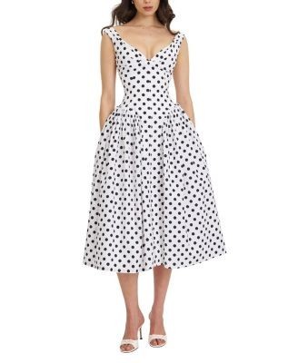 Miss Circle Rahma Polka Dot Drop Waist Midi Cotton Poplin Dress