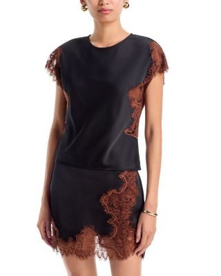 Aqua Cap Sleeve Lace Trim Satin Top - Exclusive