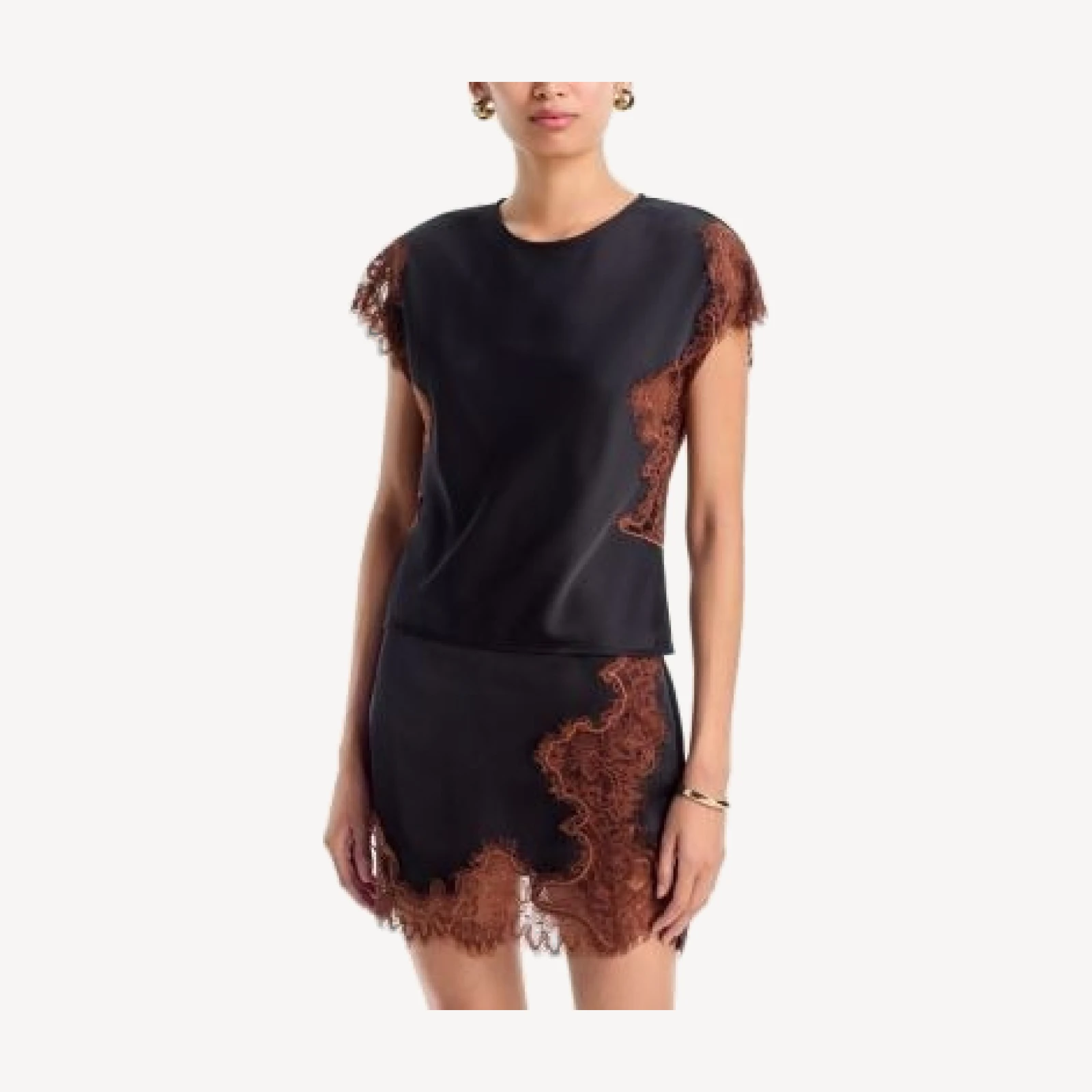 Aqua Cap Sleeve Lace Trim Satin Top - Exclusive