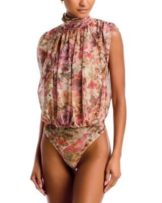 Aqua Mock Neck Mesh Blouson Bodysuit - Exclusive