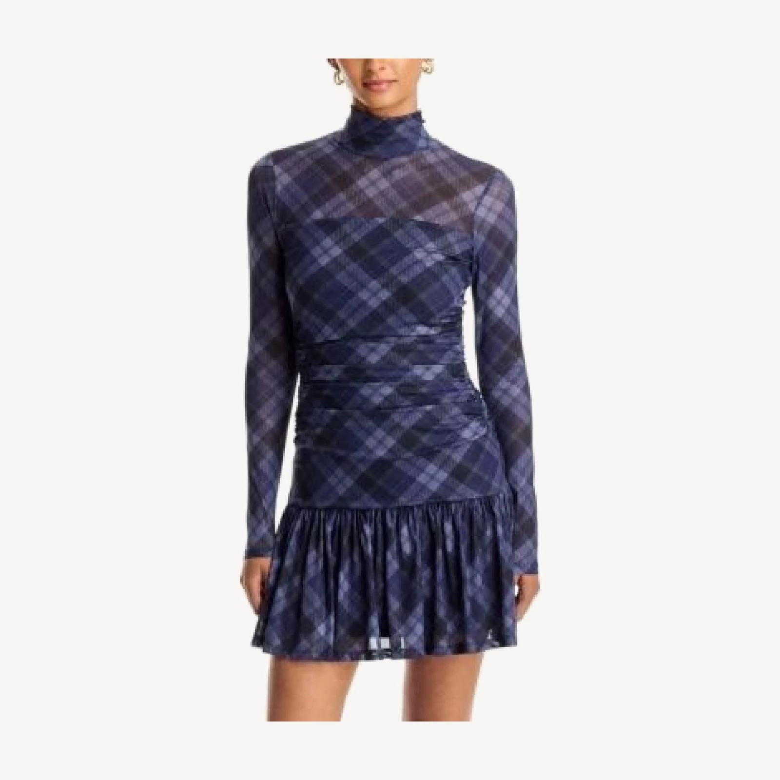 Aqua Plaid Mesh Gathered Mini Dress - Exclusive