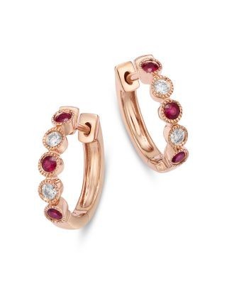 Bloomingdale's Fine Collection Ruby & Diamond Huggie Hoop Earrings in 14K Rose Gold