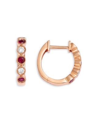 Bloomingdale's Fine Collection Ruby & Diamond Huggie Hoop Earrings in 14K Rose Gold