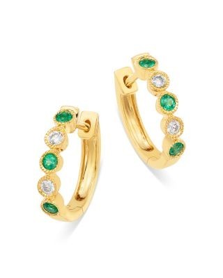 Bloomingdale's Fine Collection Emerald & Diamond Huggie Hoop Earrings in 14K Yellow Gold
