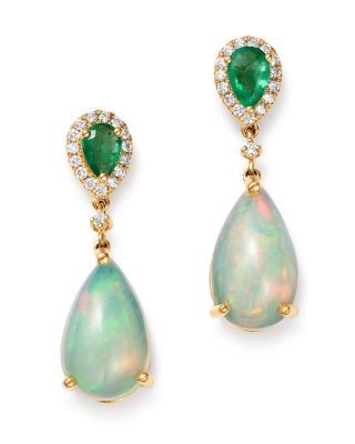 Bloomingdale's Fine Collection Ethiopian Opal, Emerald & Diamond Teardrop Drop Earrings in 14K Yellow Gold