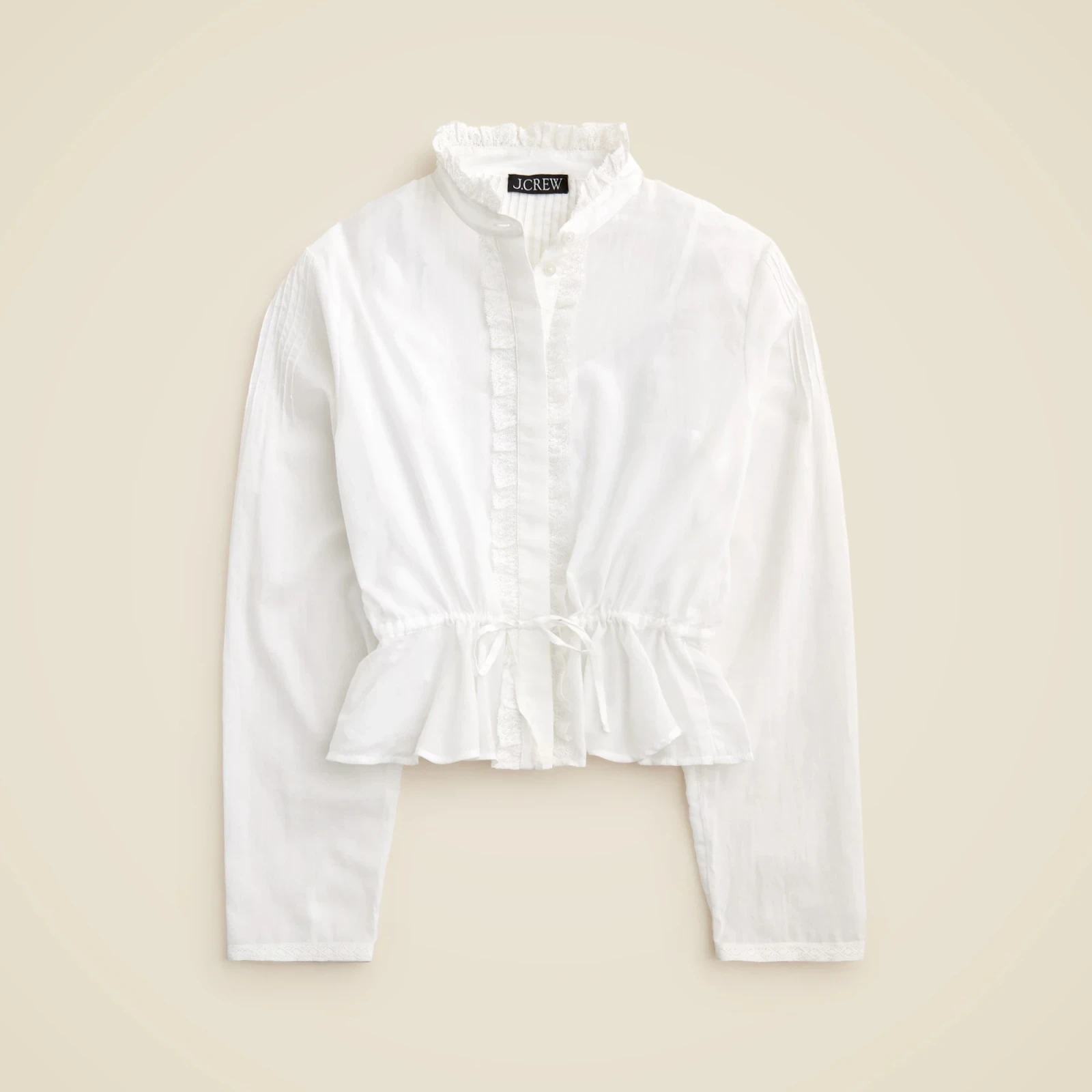 Lace-trim cinched-waist top in cotton voile