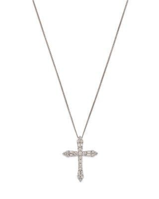 Bloomingdale's Fine Collection Diamond Round & Baguette Cross Pendant Necklace in 14K White Gold, 0.60 tcw