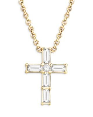 Bloomingdale's Fine Collection Diamond Baguette & Round Cross Pendant Necklace in 14K Yellow Gold, 0.16 tcw