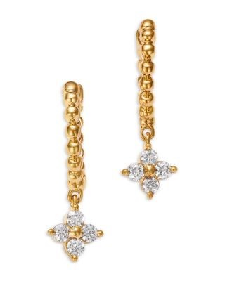 Bloomingdale's Fine Collection Diamond Flower Dangle & Polished Bead Huggie Hoop Earrings in 14K Yellow Gold, 0.25 tcw
