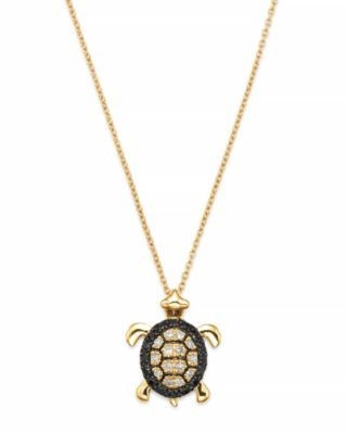 Black & White Diamond Turtle Pendant in 14K Yellow Gold