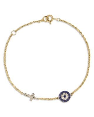 Bloomingdale's Fine Collection Blue Sapphire & Diamond Evil Eye & Cross Link Bracelet in 14K Yellow Gold