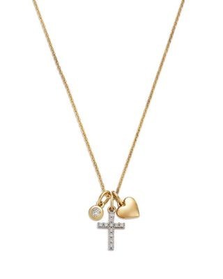 Bloomingdale's Fine Collection Cross, Heart and Diamond Charm Necklace in 14K Yellow Gold, 0.15 tcw