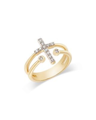 Bloomingdale's Fine Collection Diamond Cross & Bezel Double Row Ring in 14K Yellow Gold, 0.20 tcw