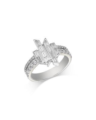 Bloomingdale's Fine Collection Diamond Round & Baguette Geometric Cluster Double Row Ring in 14K White Gold, 0.75 tcw
