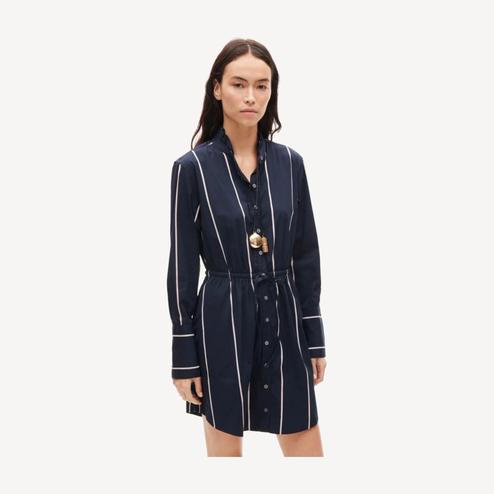 Ruffle-collar mini shirt-dress in striped poplin