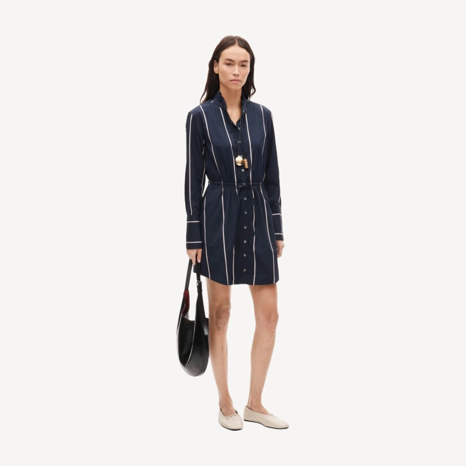 Ruffle-collar mini shirt-dress in striped poplin