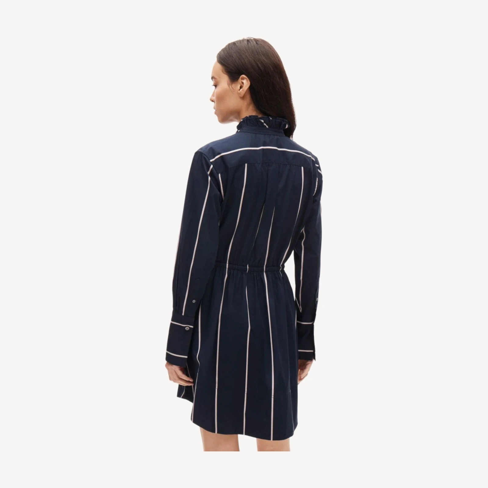 Ruffle-collar mini shirt-dress in striped poplin