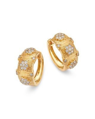 Bloomingdale's Fine Collection Diamond Huggie Hoops Earrings with Flowers in 14K Yellow Gold, 0.5 tcw